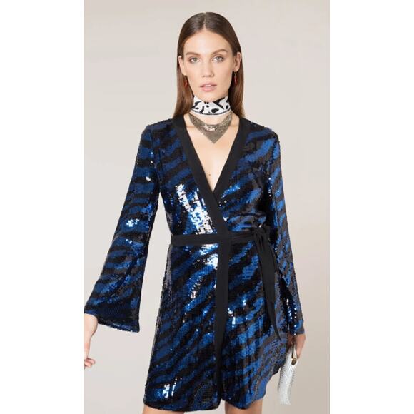 RIXO London Maria Tiger Sequin Chiffon Wrap Dress Size M - Picture 1 of 10